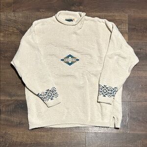 Coldwater Creek Cream Sweater with Blue Pattern